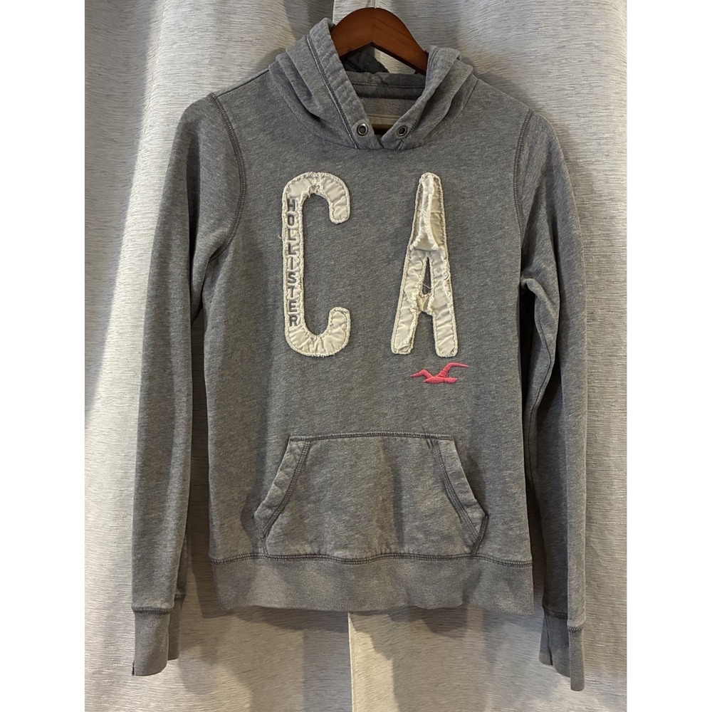 Hollister jumper Women's Patch Graphic Sweater Long Sleeve Size L Grey Hooded